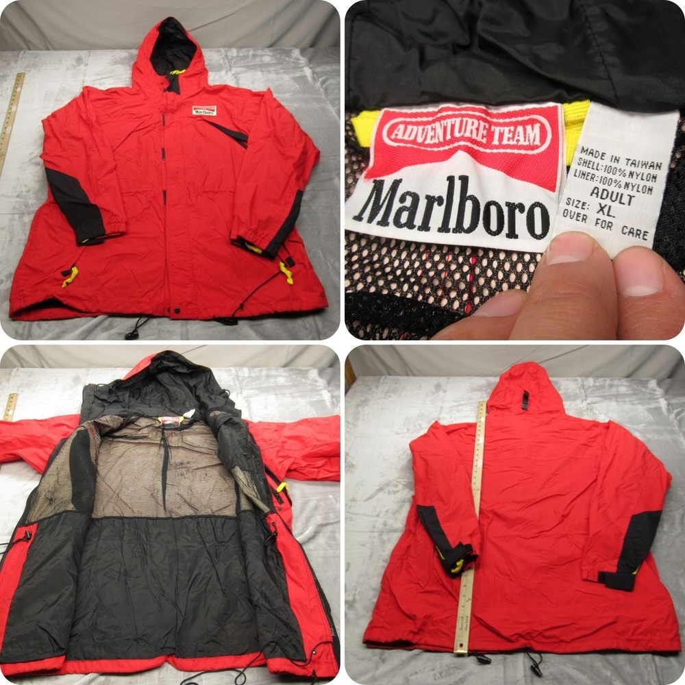 Marlboro Adventure Team Jacket Mens XL Red Hooded Water Resistant Full Zip VTG
